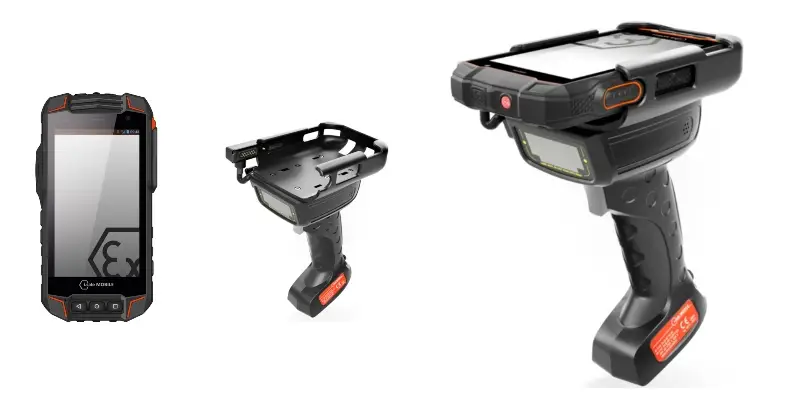 Er worden drie robuuste draagbare elektronische apparaten getoond: een apparaat dat op een smartphone lijkt, een dockingstation en een barcodescanner met een trekkerhandgreep, allemaal ontworpen voor gebruik in de industrie of in magazijnen.