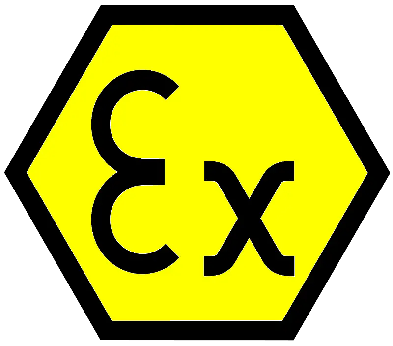 Gele zeshoek met een dikke zwarte rand, met daarin een opvallend zwart Ex-symbool, dat duidt op explosiebeveiliging of ATEX-veiligheidscertificering voor apparatuur die in explosieve omgevingen wordt gebruikt.