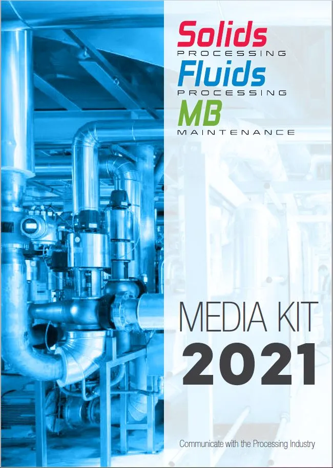 Industriële leidingen en apparatuur met een blauwe tint aan de linkerkant; tijdschriftnamen Solids Processing, Fluids Processing, MB Maintenance boven MEDIA KIT 2021 en Communicate with the Processing Industry aan de rechterkant.