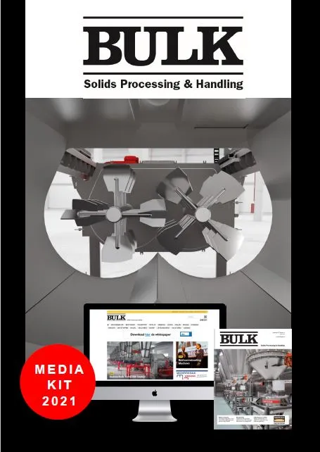 Omslag van het tijdschrift BULK met afbeelding van industriële mengbladen, met de slogan ‘Solids Processing & Handling’. Op de afbeelding is een computer te zien waarop de website wordt weergegeven, evenals een tijdschriftomslag. In een rode cirkel linksonder staat: MEDIA KIT 2021.