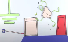Een cartooneske broodrooster dat een elektrische schok krijgt terwijl hij zichzelf uit het stopcontact haalt, met een rode deur en groene lijnen op de achtergrond.