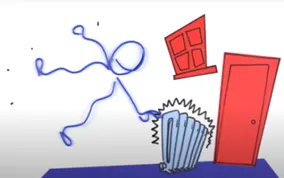 Een blauw stokfiguurtje lijkt naar een prikkende vuilnisbak te vallen, met op de achtergrond een rode deur en een schuin staand rood raam tegen een witte muur.