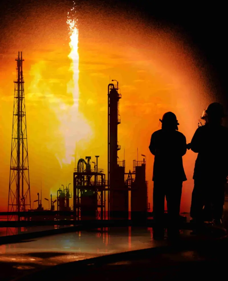 De silhouetten van twee arbeiders staan naast hoge industriële torens bij een olieraffinaderij, terwijl op de achtergrond een grote, vurige fakkel de hemel verlicht.