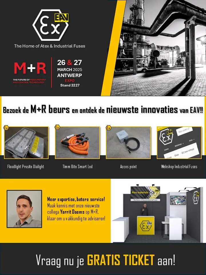 Promotieposter voor de M+R 2025 Expo in Antwerpen, met daarop industriële zekeringproducten, informatie over het evenement, een foto van het personeel en een uitnodiging om een gratis ticket te bemachtigen.