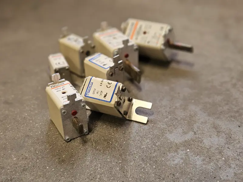 Vijf rechthoekige elektrische zekeringen met metalen pinnen zijn op een grijs, gestructureerd oppervlak geplaatst; sommige staan rechtop en andere liggen plat, waardoor hun labels en metalen onderdelen zichtbaar zijn.