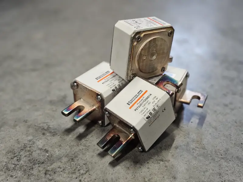 Vier vierkante elektrische zekeringen met metalen aansluitingen liggen op elkaar gestapeld op een grijs, gestructureerd oppervlak. Elke zekering is voorzien van een etiket met technische informatie en het merk.