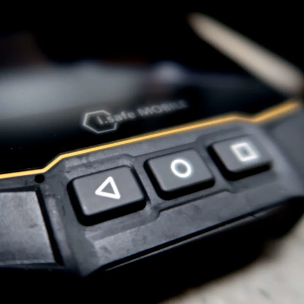 Close-up van een robuust mobiel apparaat met het opschrift „i.safe MOBILE”, waarop drie fysieke navigatieknoppen te zien zijn met pictogrammen in de vorm van een driehoek, een cirkel en een vierkant.