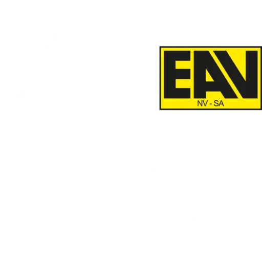 Gele rechthoek met daarop de woorden EAV in vetgedrukte zwarte letters en de kleinere tekst NV-SA. Op de achtergrond zijn een vervaagde zeshoek en het symbool Ex te zien, die doorgaans worden geassocieerd met explosiebeveiliging of gevaarlijke omgevingen.