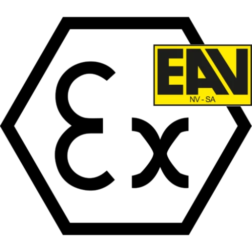 Een zwarte zeshoek met daarin de letters ‘Ex’, wat staat voor explosiebeveiliging. In de rechterbovenhoek staat een geel-zwart EAV NV-SA-logo.