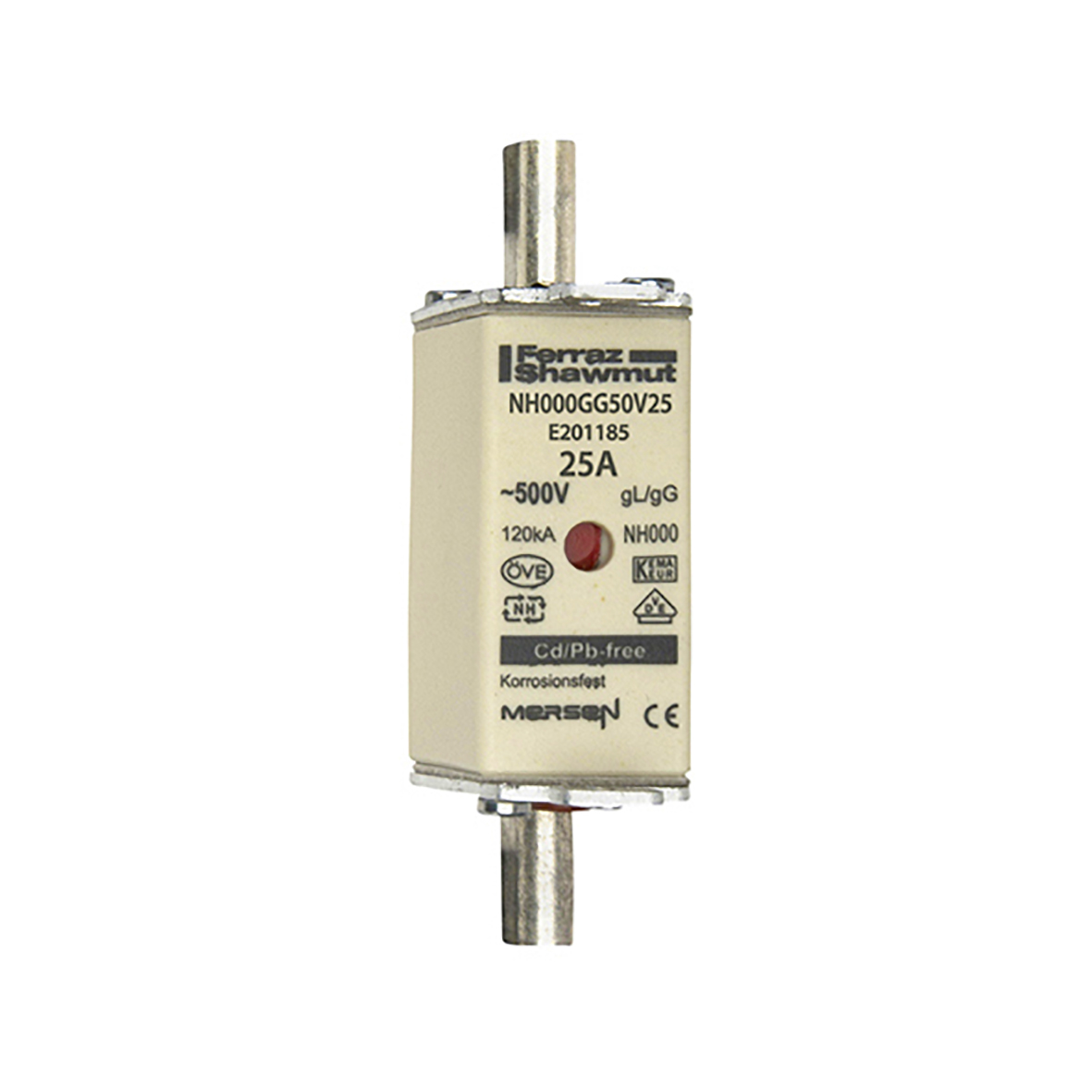 MERS NH000 gG 500Vac 120kAac 25A double ind. IEC - NH000GG50V25 - E201185