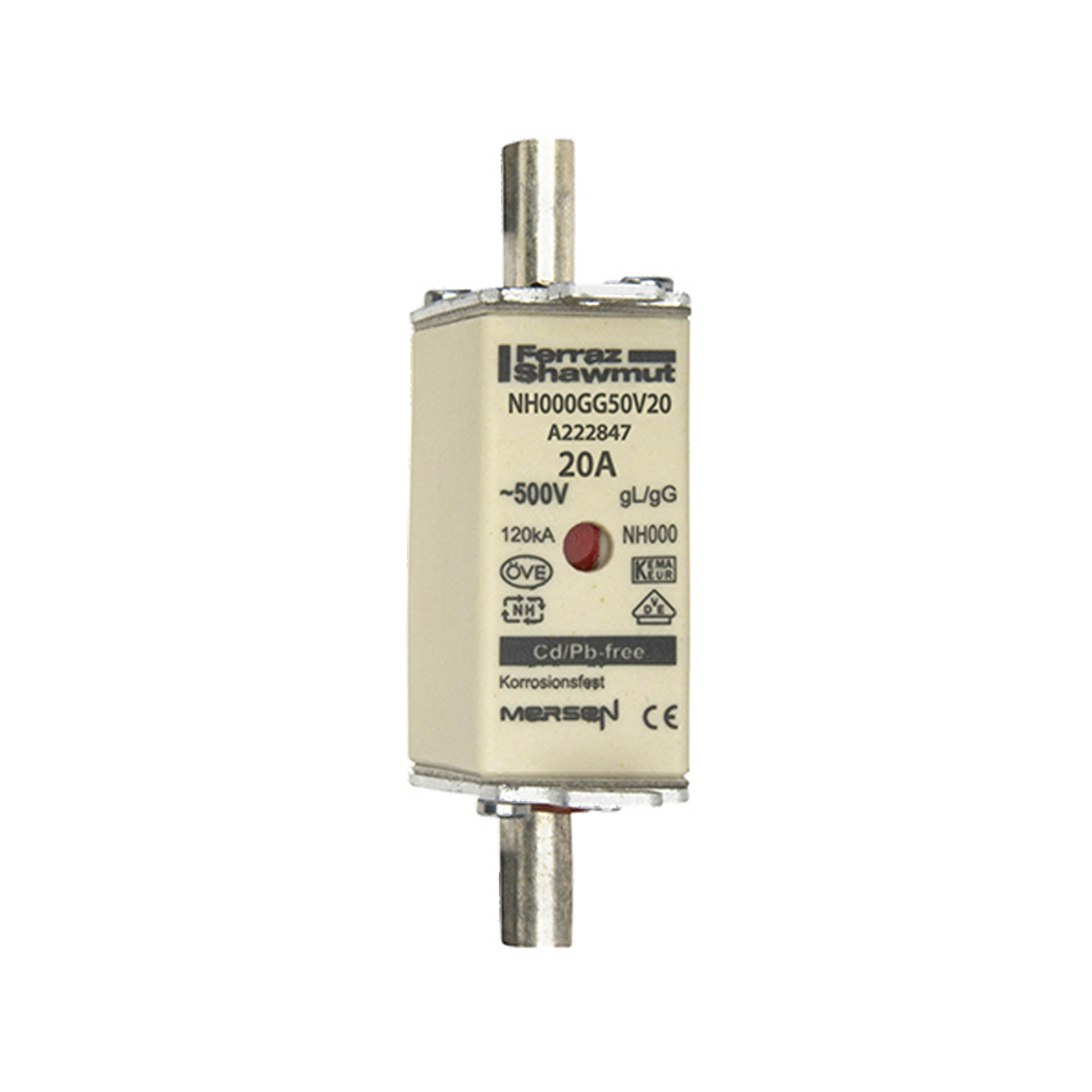 MERS NH000 gG 500Vac/250Vdc 120kAac/80kAdc 20A double ind. IEC - NH000GG50V20 - A222847